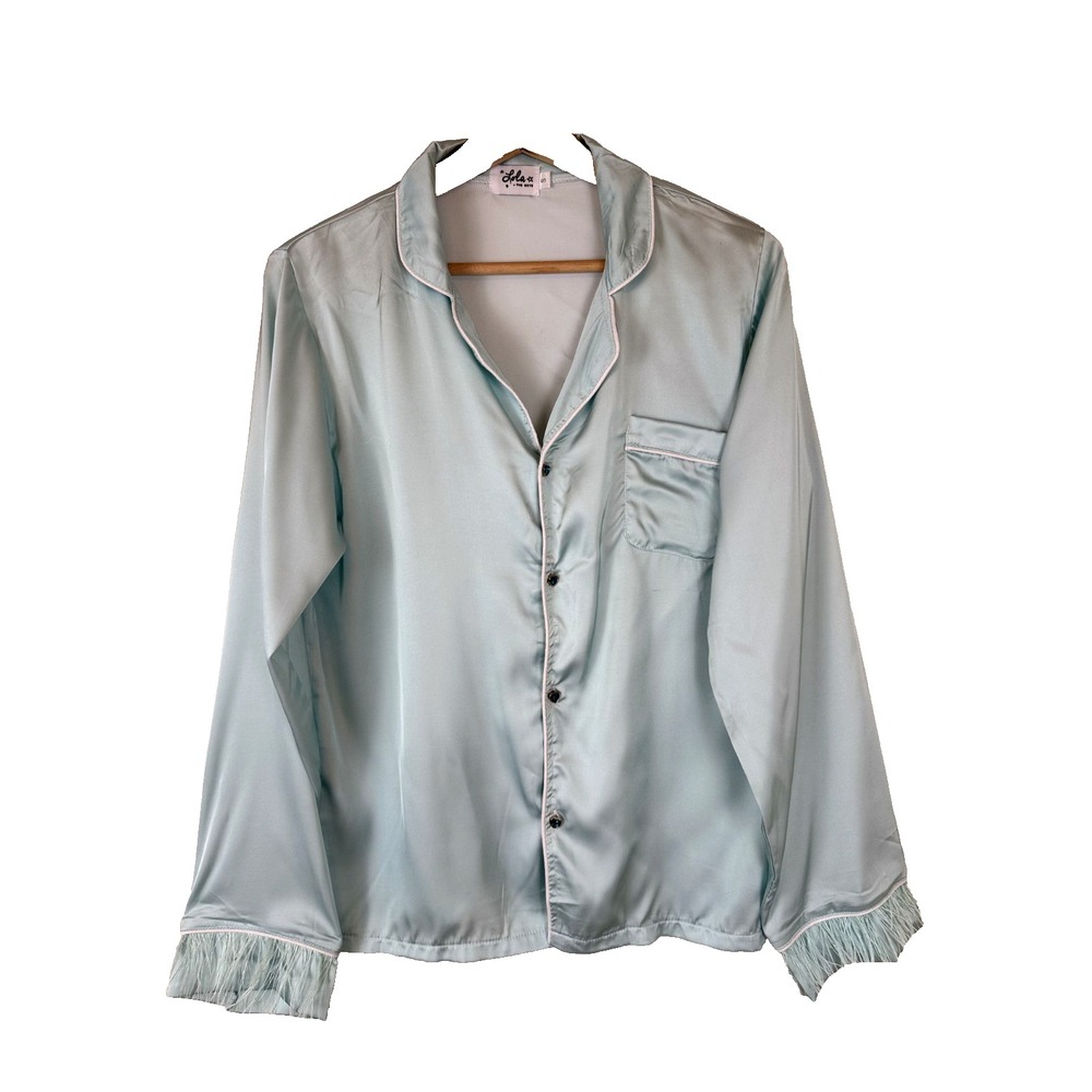 Lola + The Boys 2-‎ Piece Satin Pajama Set Sky Feather Silky Size Small Blue - Picture 2 of 16